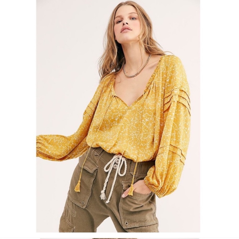 NWT Free People All Tucks Printed Bodysuit Yellow Size XS